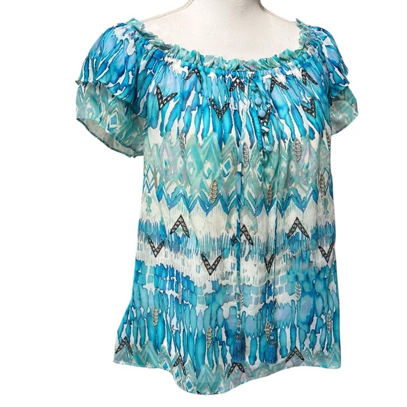 Hale Bob Blue Chiffon Summer Blouse Boho Beachy Coastal Flutter Sleeves M NWT - Picture 2 of 14